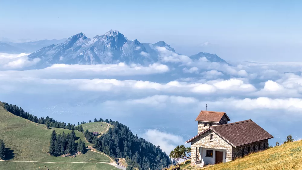 scene of mountains with nice composition using telephoto lens